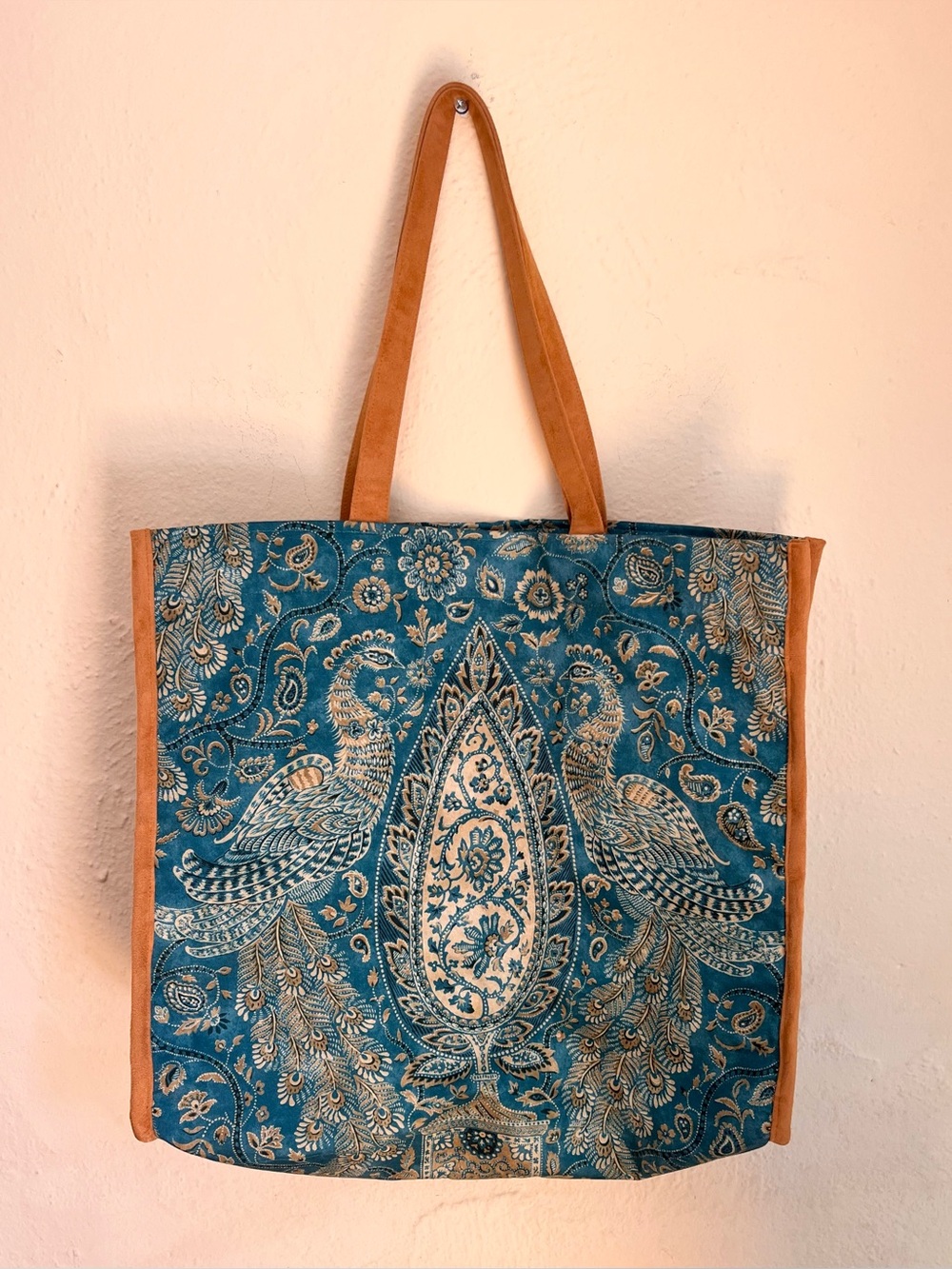 Atenti Tote Bag Teal Peacock Paisley Farmer’s Market Festival Boho 16”x 19.25”